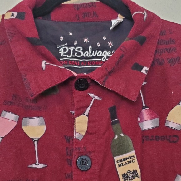 PJ Salvage Women's L Wine Bottle Glass Print Flannel Pajama Top Sleepwear Button - Picture 6 of 14